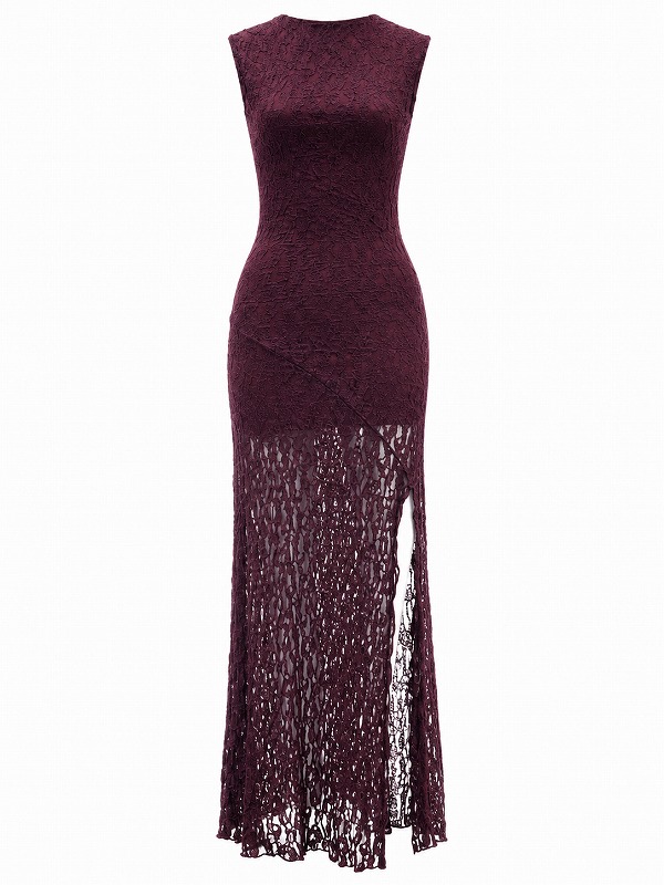 【新品DRESS 4189】総レースストレッチスリットタイトロングドレス ブラウン【asos】